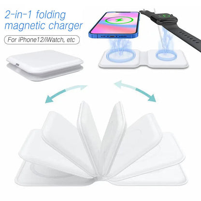 White foldable magnetic wireless charger showing dual charging surfaces and 180° folding mechanism