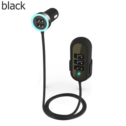 Black and white car rear seat charger with USB output, 12-24V input, and ABS PC body