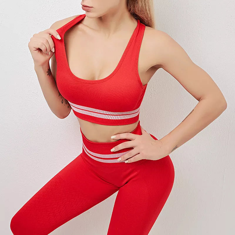 High waist fitness pants with hip stretch panel for yoga, available in blue, black, red, and grey.