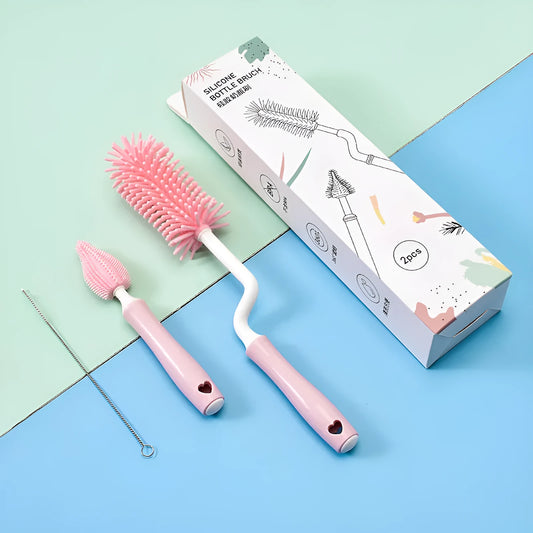Silicone baby bottle brush with flexible handle and straw cleaning attachment in multiple colour options