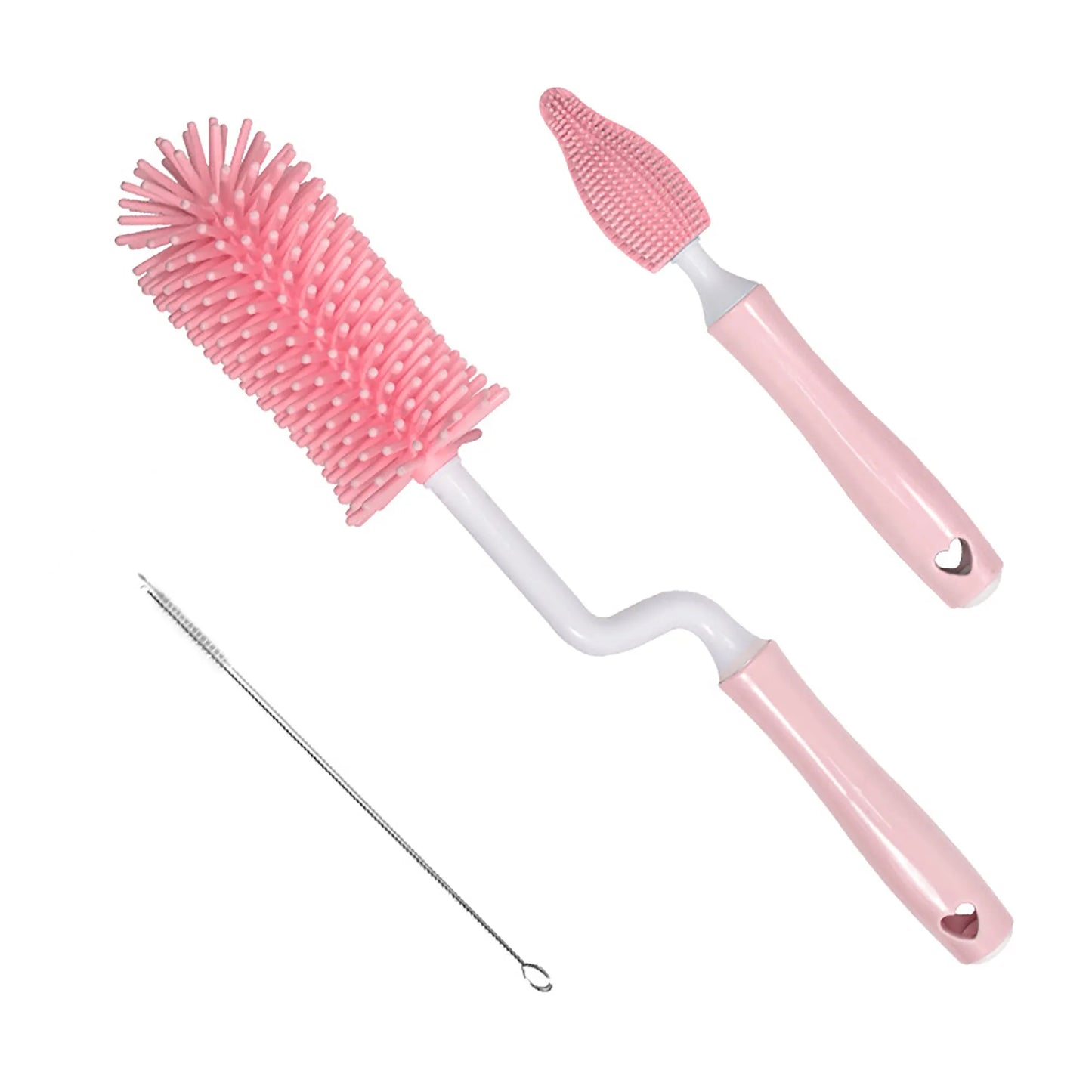 Silicone baby bottle brush with flexible handle and straw cleaning attachment in multiple colour options