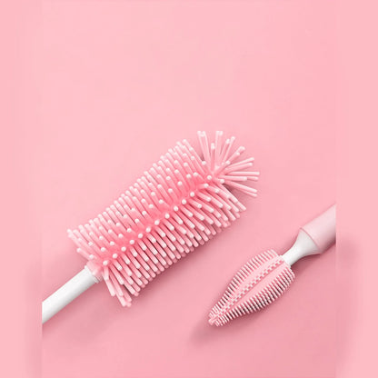 Silicone baby bottle brush with flexible handle and straw cleaning attachment in multiple colour options
