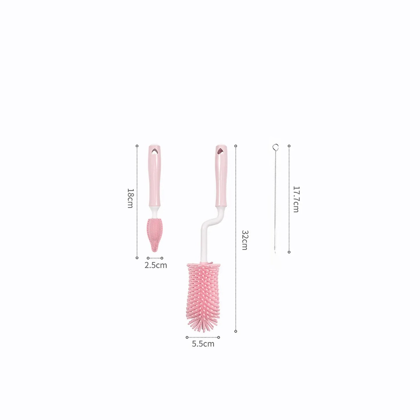 Silicone baby bottle brush with flexible handle and straw cleaning attachment in multiple colour options
