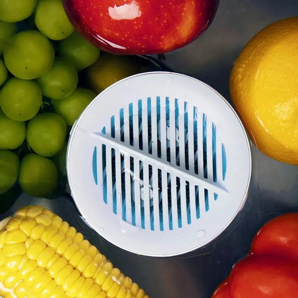 White 4L food material purifier with polyester basket for fruit and vegetable disinfection, 20cm height