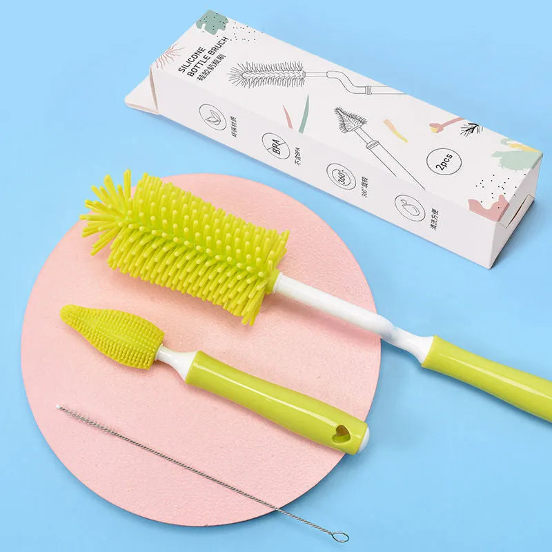 Silicone baby bottle brush with flexible handle and straw cleaning attachment in multiple colour options