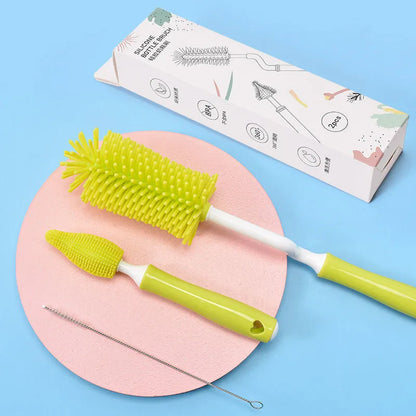 Silicone baby bottle brush with flexible handle and straw cleaning attachment in multiple colour options