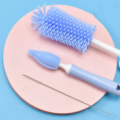 Silicone baby bottle brush with flexible handle and straw cleaning attachment in multiple colour options