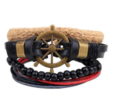 Hand-woven brown leather bracelet with wooden beads and rope detailing on a wrist.