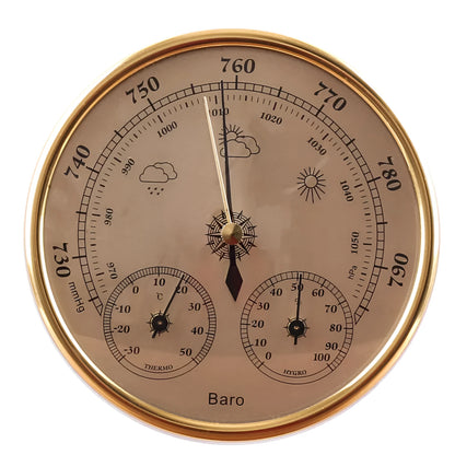 Handheld air temperature and humidity meter with barometer in golden or silvery colour, 128mm size