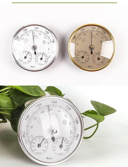 Handheld air temperature and humidity meter with barometer in golden or silvery colour, 128mm size
