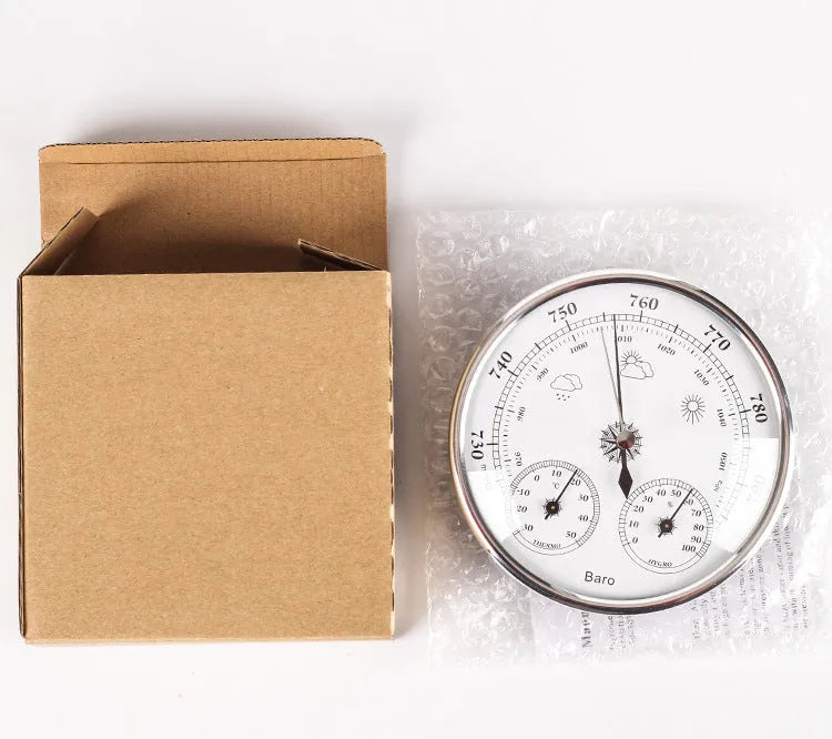 Handheld air temperature and humidity meter with barometer in golden or silvery colour, 128mm size