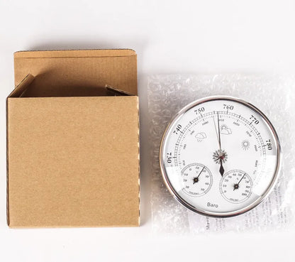 Handheld air temperature and humidity meter with barometer in golden or silvery colour, 128mm size
