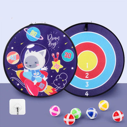Children's sticky ball dart board set with creative cartoon designs and velvet backing