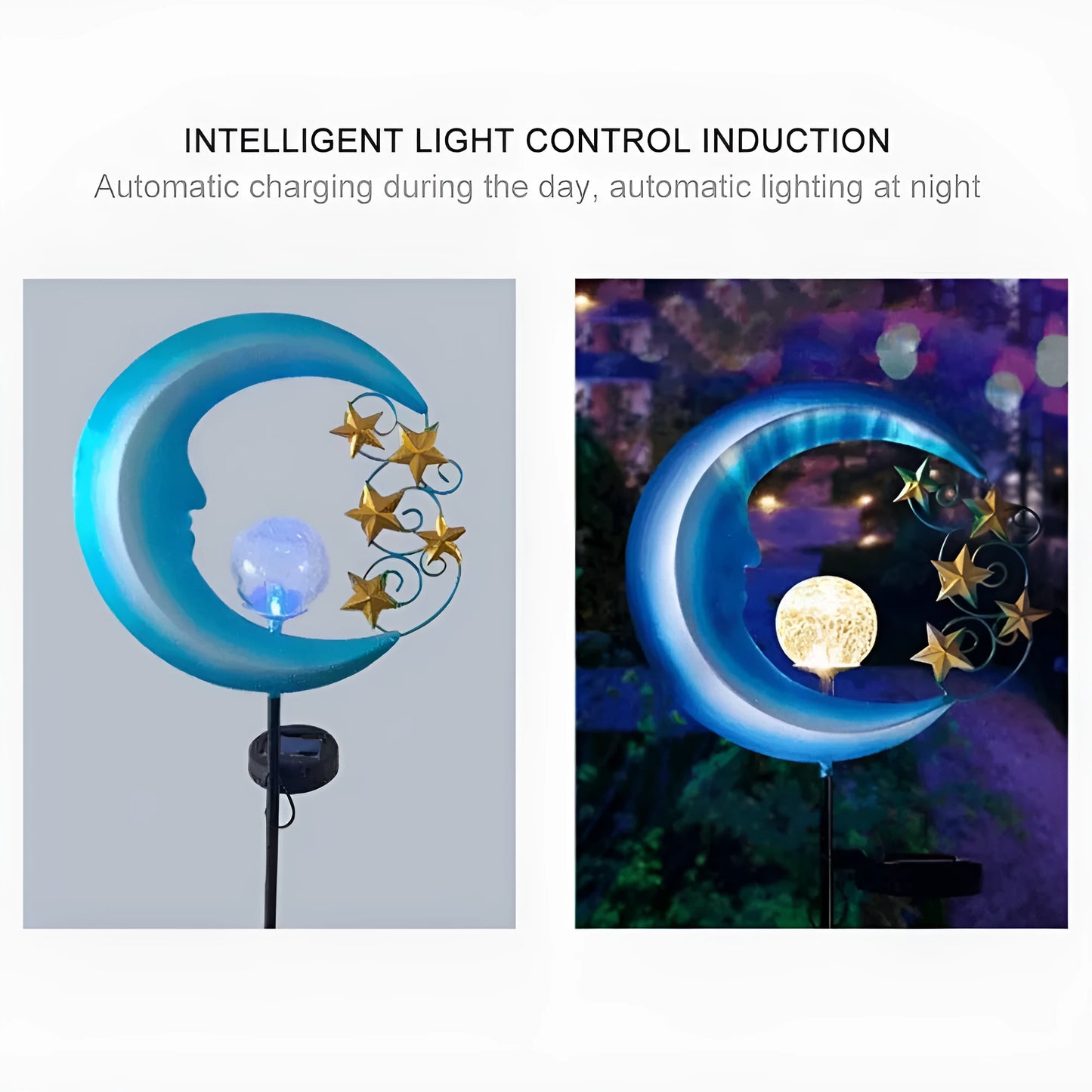 Blue hollow moon-shaped solar garden light with wrought iron frame and crackled glass ball.