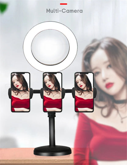 Live streaming phone holder with dimmable LED ring light and adjustable stand