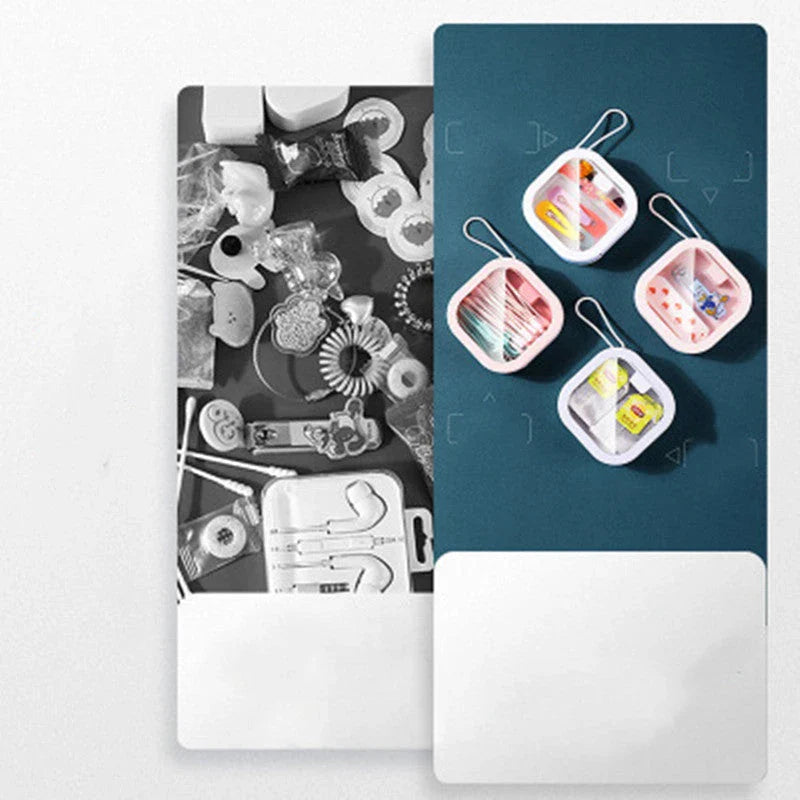 Portable push-button storage box in white color, featuring a sleek and modern design for desk or travel organization