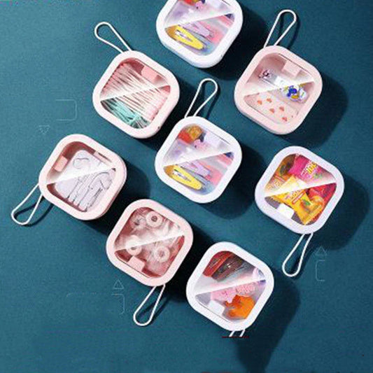 Portable push-button storage box in white color, featuring a sleek and modern design for desk or travel organization