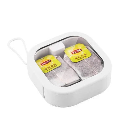 Portable push-button storage box in white color, featuring a sleek and modern design for desk or travel organization