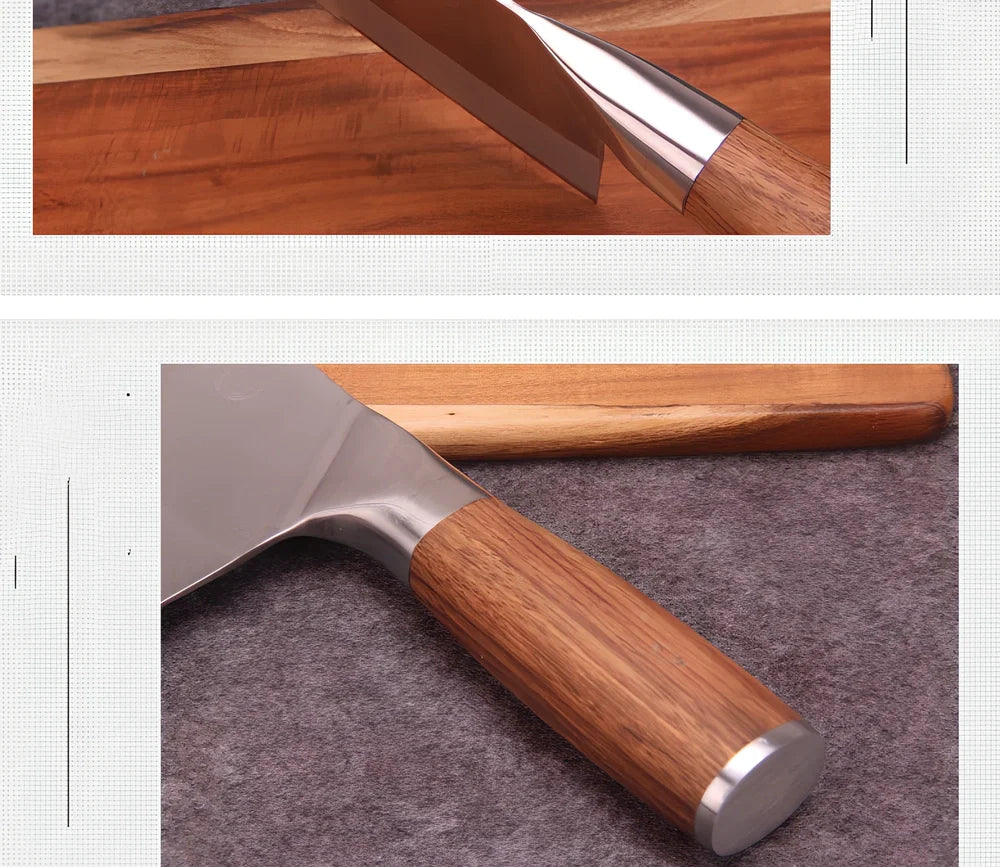 Stainless steel kitchen knife with 19.8cm blade and yellow wooden handle for food preparation