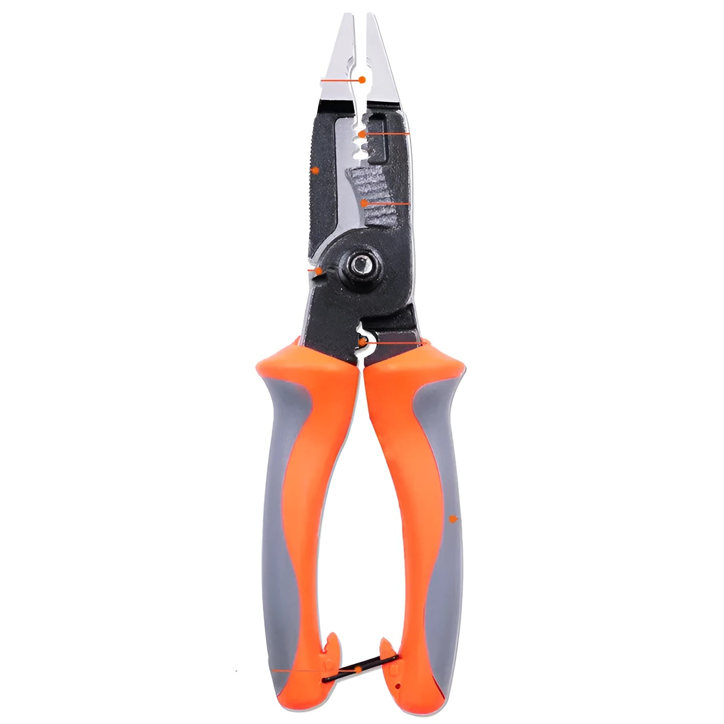 Orange multifunctional electrician's pliers and wire stripper with duckbill head on a workbench.