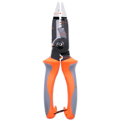 Orange multifunctional electrician's pliers and wire stripper with duckbill head on a workbench.