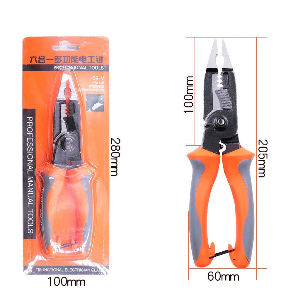 Orange multifunctional electrician's pliers and wire stripper with duckbill head on a workbench.