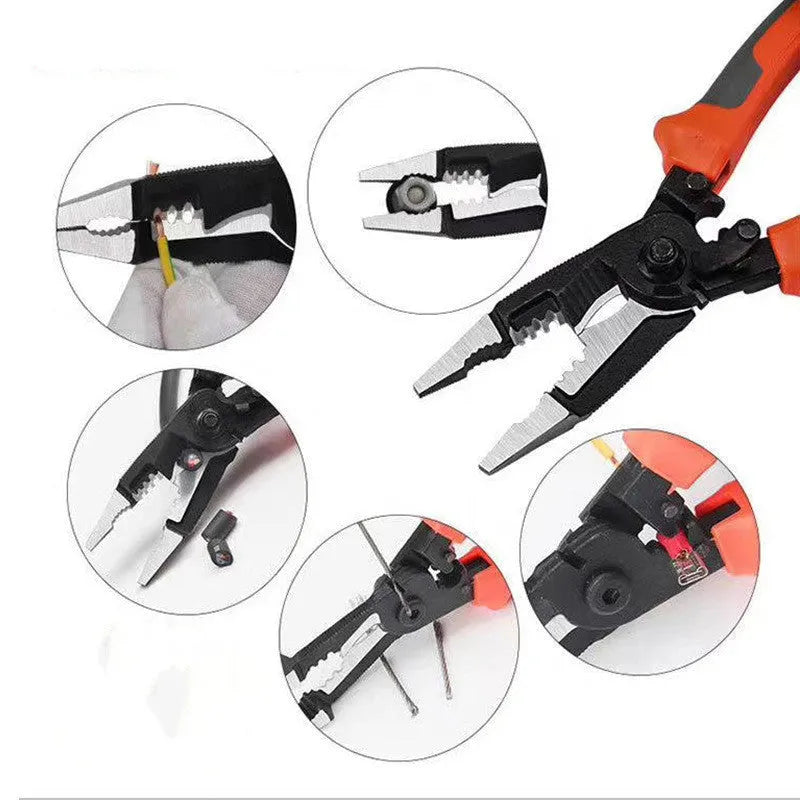 Orange multifunctional electrician's pliers and wire stripper with duckbill head on a workbench.