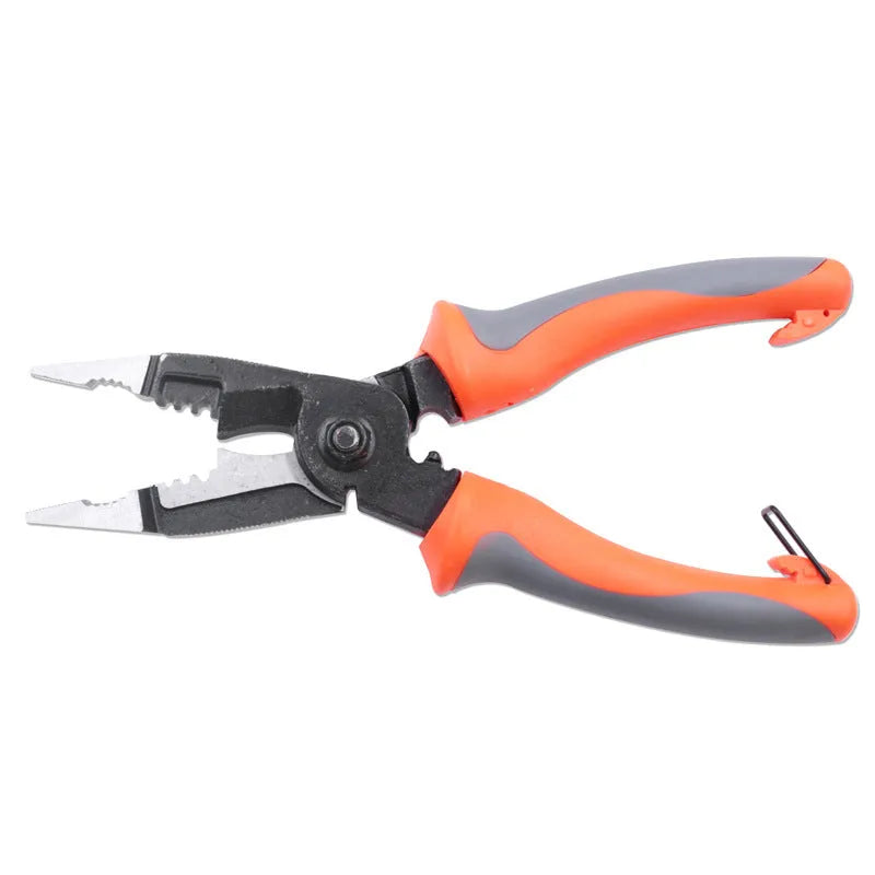 Orange multifunctional electrician's pliers and wire stripper with duckbill head on a workbench.