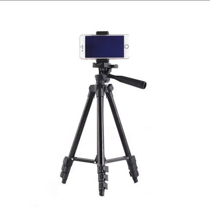 Black aluminium camera tripod with 3D head extended to maximum height with quick release plate
