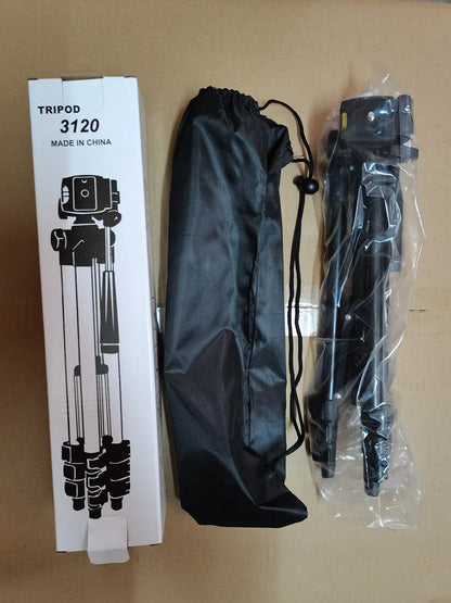 Black aluminium camera tripod with 3D head extended to maximum height with quick release plate