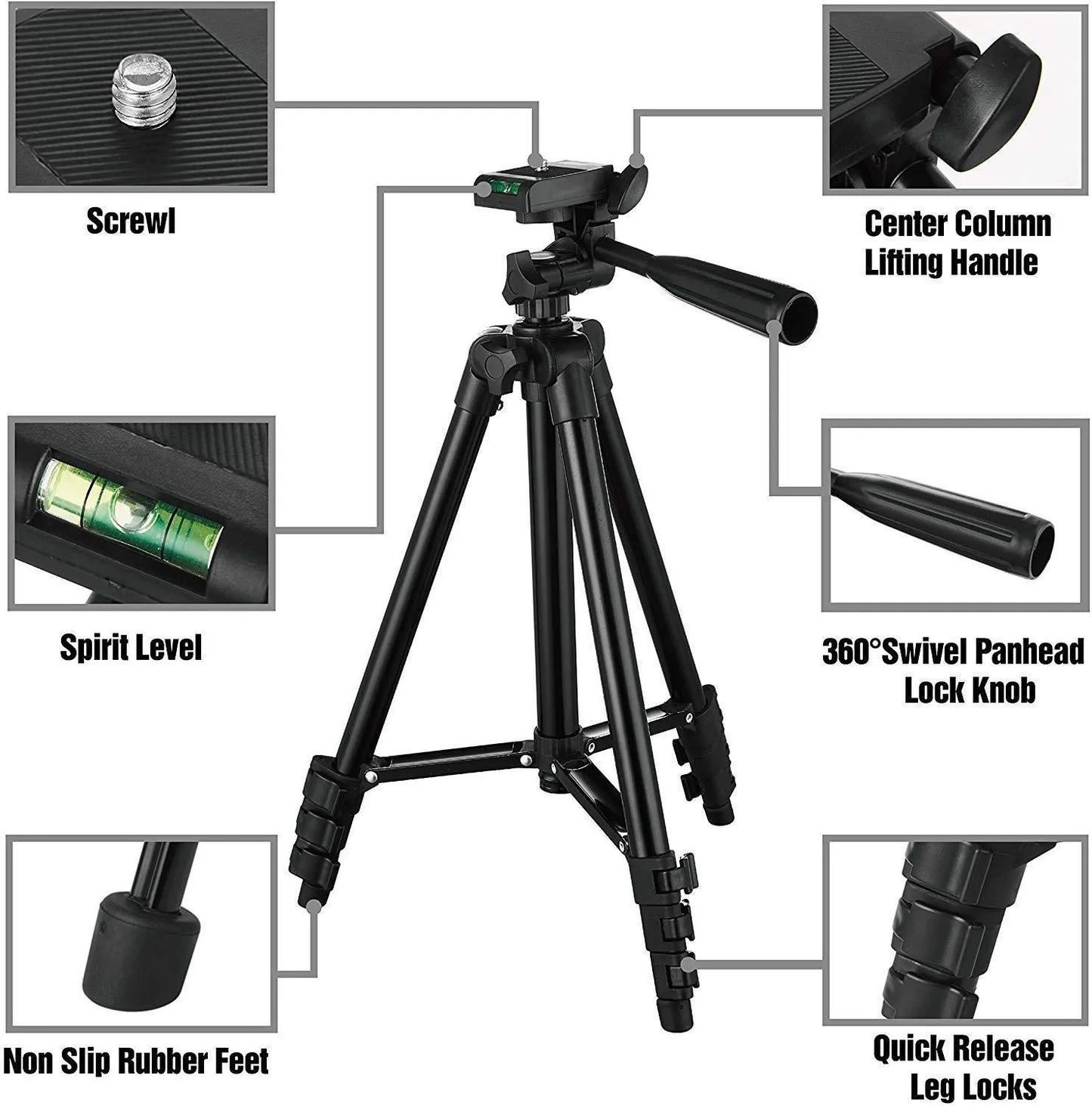 Black aluminium camera tripod with 3D head extended to maximum height with quick release plate