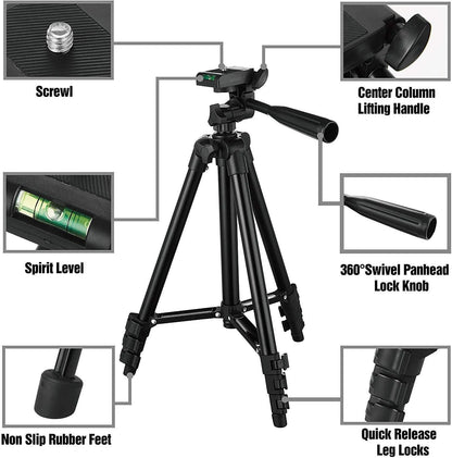 Black aluminium camera tripod with 3D head extended to maximum height with quick release plate