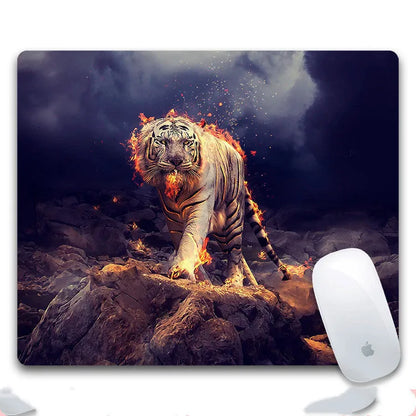 Custom mouse pad with selected graphic on fabric surface and non-slip rubber base.