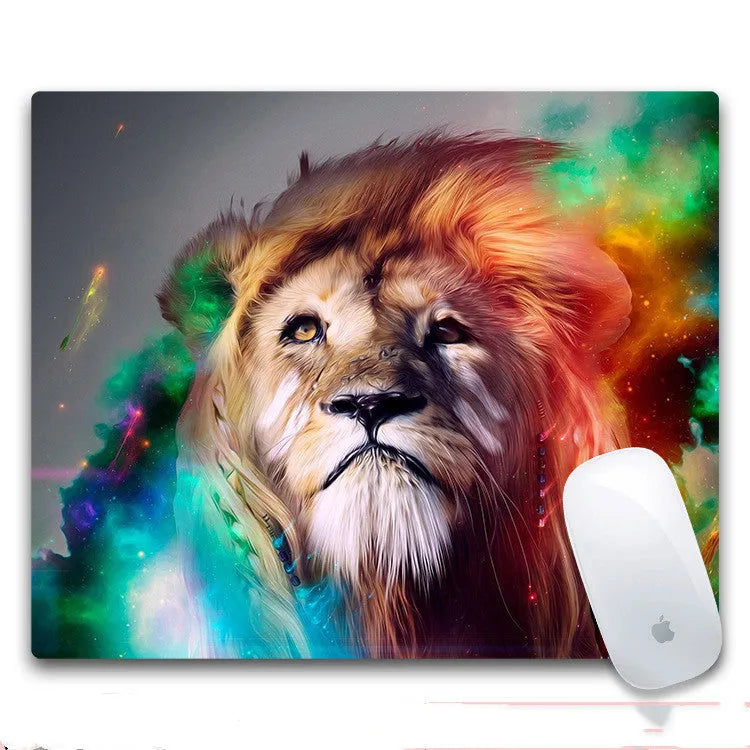 Custom mouse pad with selected graphic on fabric surface and non-slip rubber base.