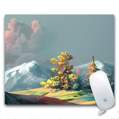 Custom mouse pad with selected graphic on fabric surface and non-slip rubber base.