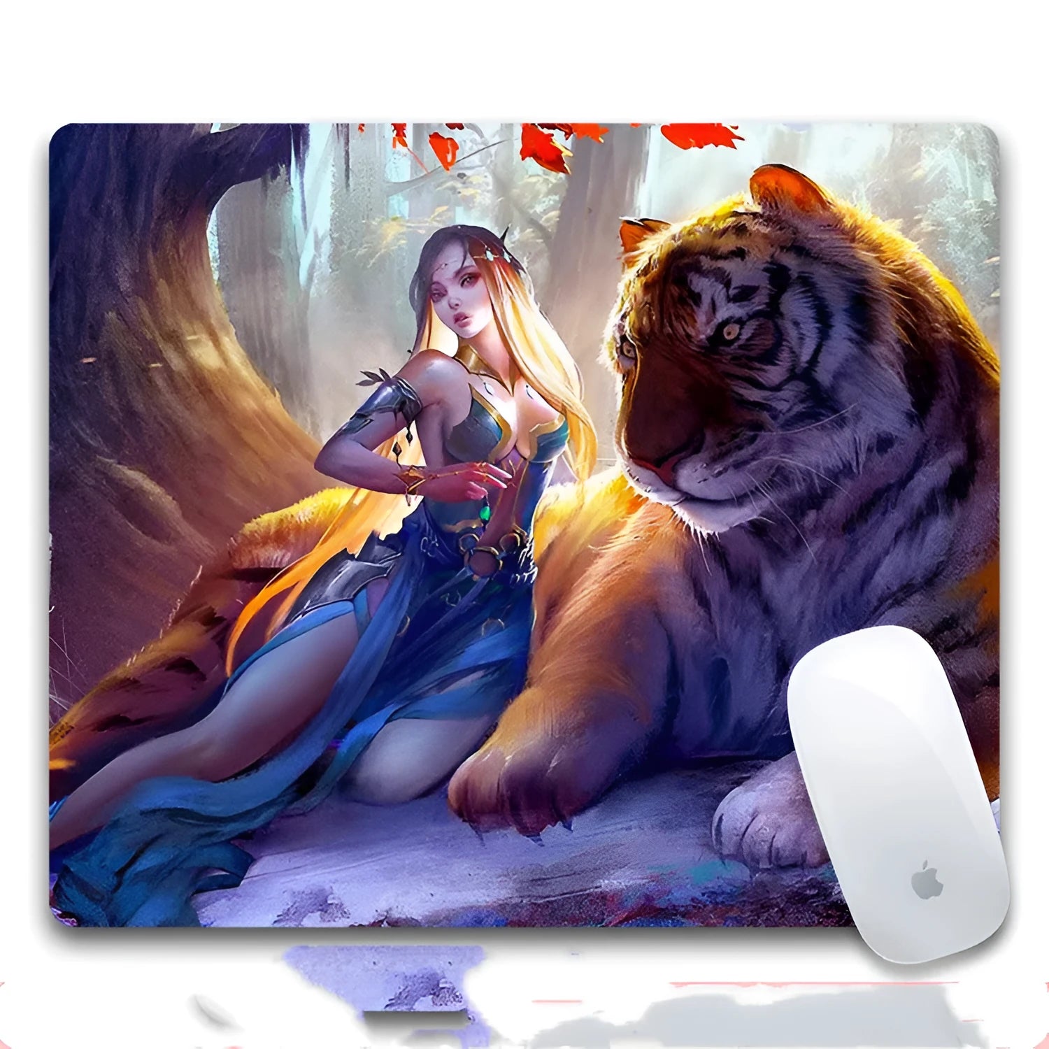 Custom mouse pad with selected graphic on fabric surface and non-slip rubber base.