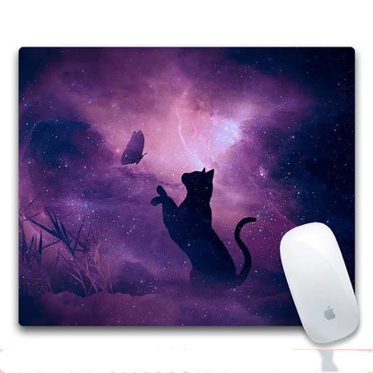 Custom mouse pad with selected graphic on fabric surface and non-slip rubber base.