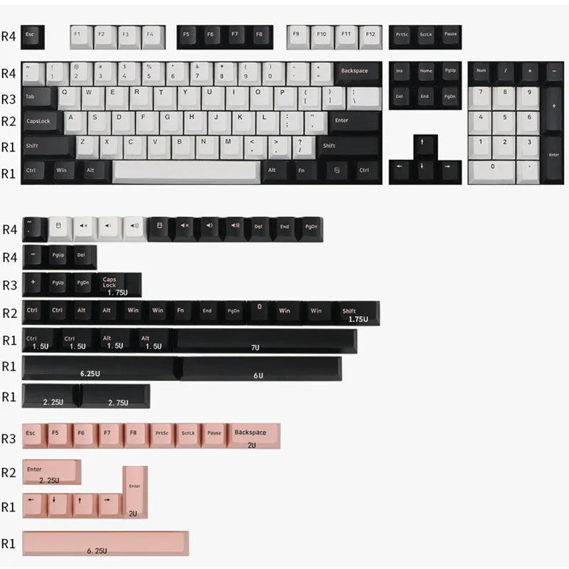 Two-colour PBT mechanical keyboard keycaps in black blue purple red black blue black colour configuration