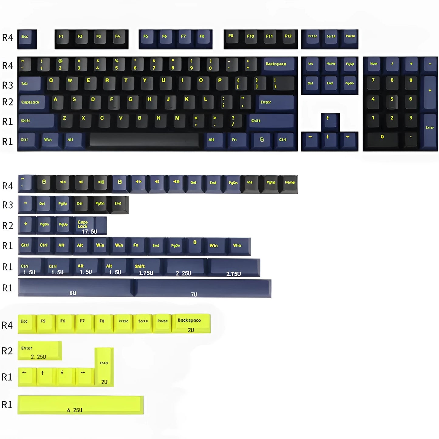 Two-colour PBT mechanical keyboard keycaps in black blue purple red black blue black colour configuration