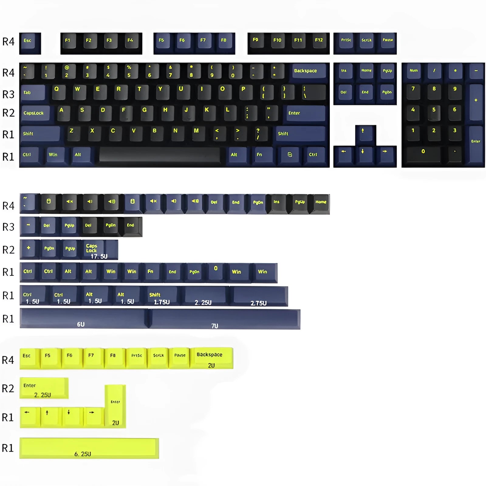 Two-colour PBT mechanical keyboard keycaps in black blue purple red black blue black colour configuration