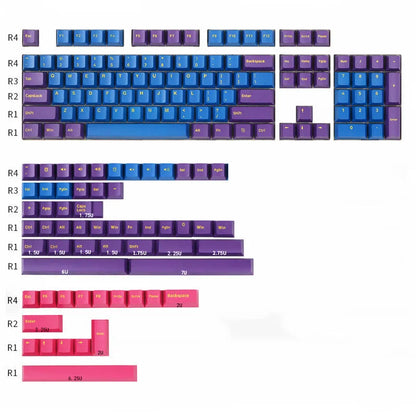 Two-colour PBT mechanical keyboard keycaps in black blue purple red black blue black colour configuration
