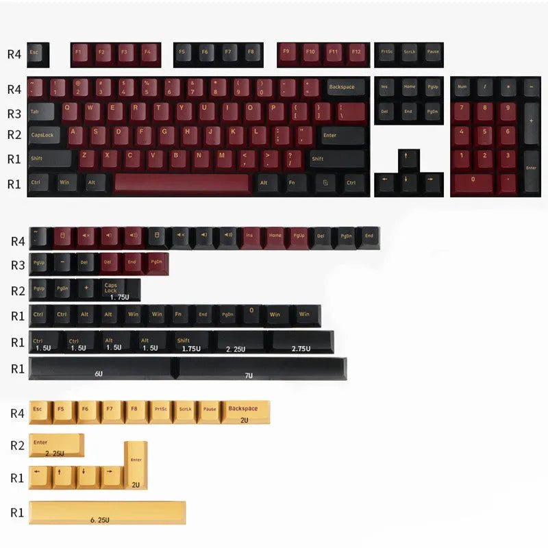 Two-colour PBT mechanical keyboard keycaps in black blue purple red black blue black colour configuration