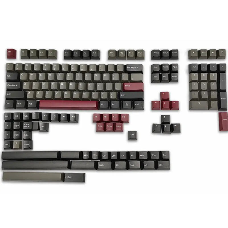 Two-colour PBT mechanical keyboard keycaps in black blue purple red black blue black colour configuration