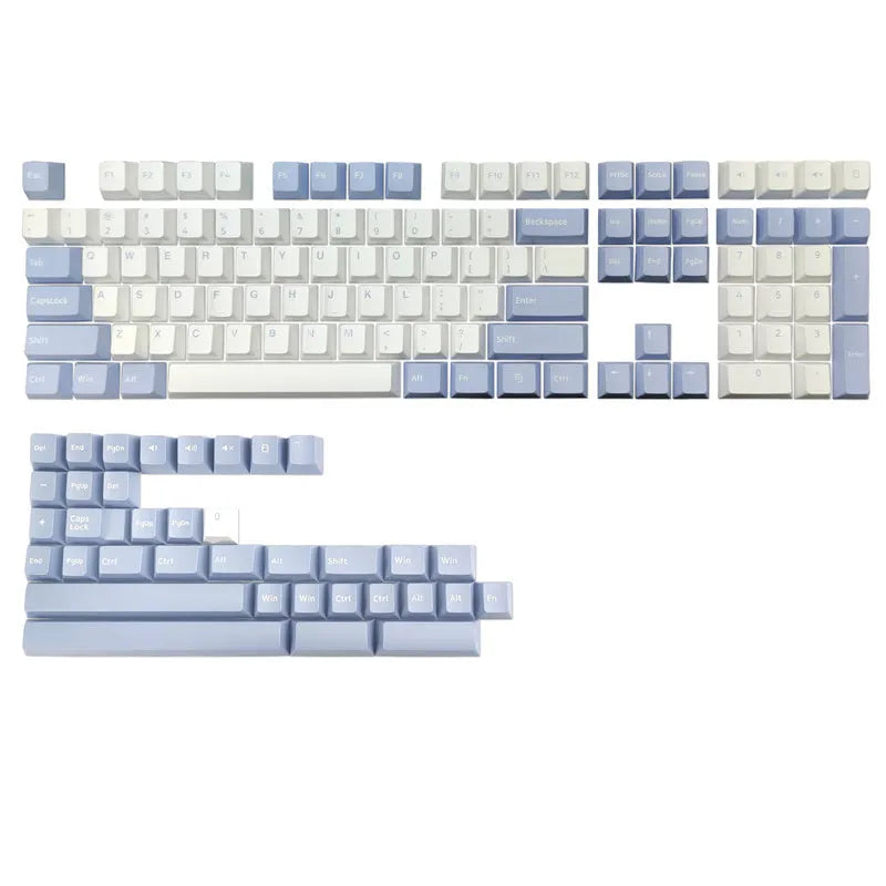 Two-colour PBT mechanical keyboard keycaps in black blue purple red black blue black colour configuration