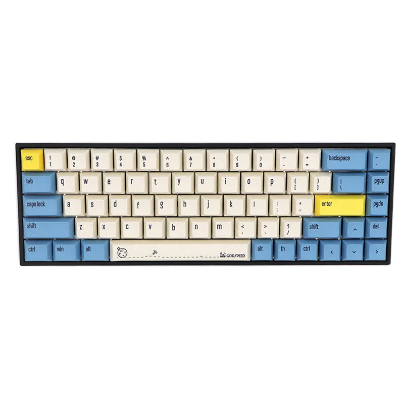 68-key mechanical keyboard with PBT keycaps in compact layout showing nine colour options