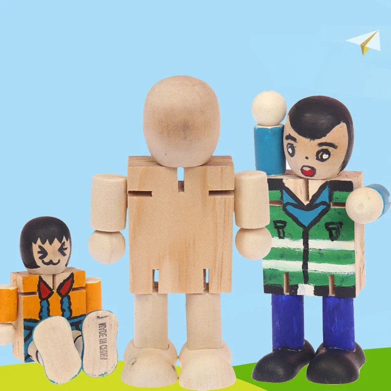 Wooden robot-shaped craft kit with natural wood finish, ready for customization