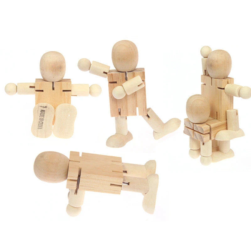 Wooden robot-shaped craft kit with natural wood finish, ready for customization
