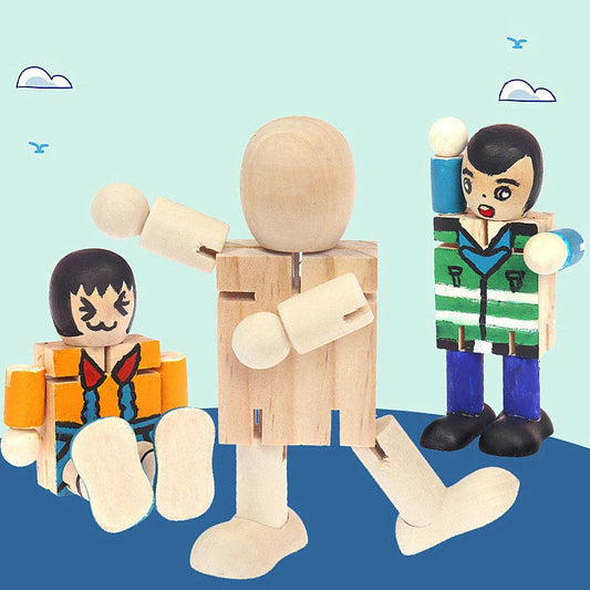 Wooden robot-shaped craft kit with natural wood finish, ready for customization