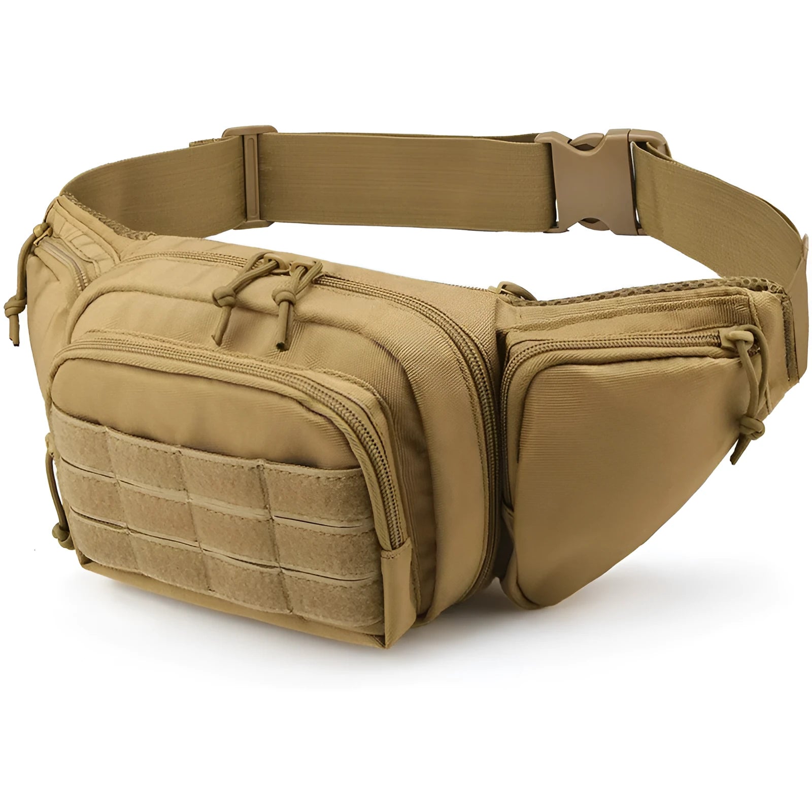 A black tactical multifunctional waist bag with an adjustable strap, shown on a waist.