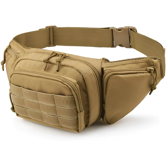 A black tactical multifunctional waist bag with an adjustable strap, shown on a waist.